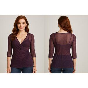 Sweet Pea Top  by Stacy Frati Sheer Deep Ruched Wrap Purple 3/4 Sleeves  Size M